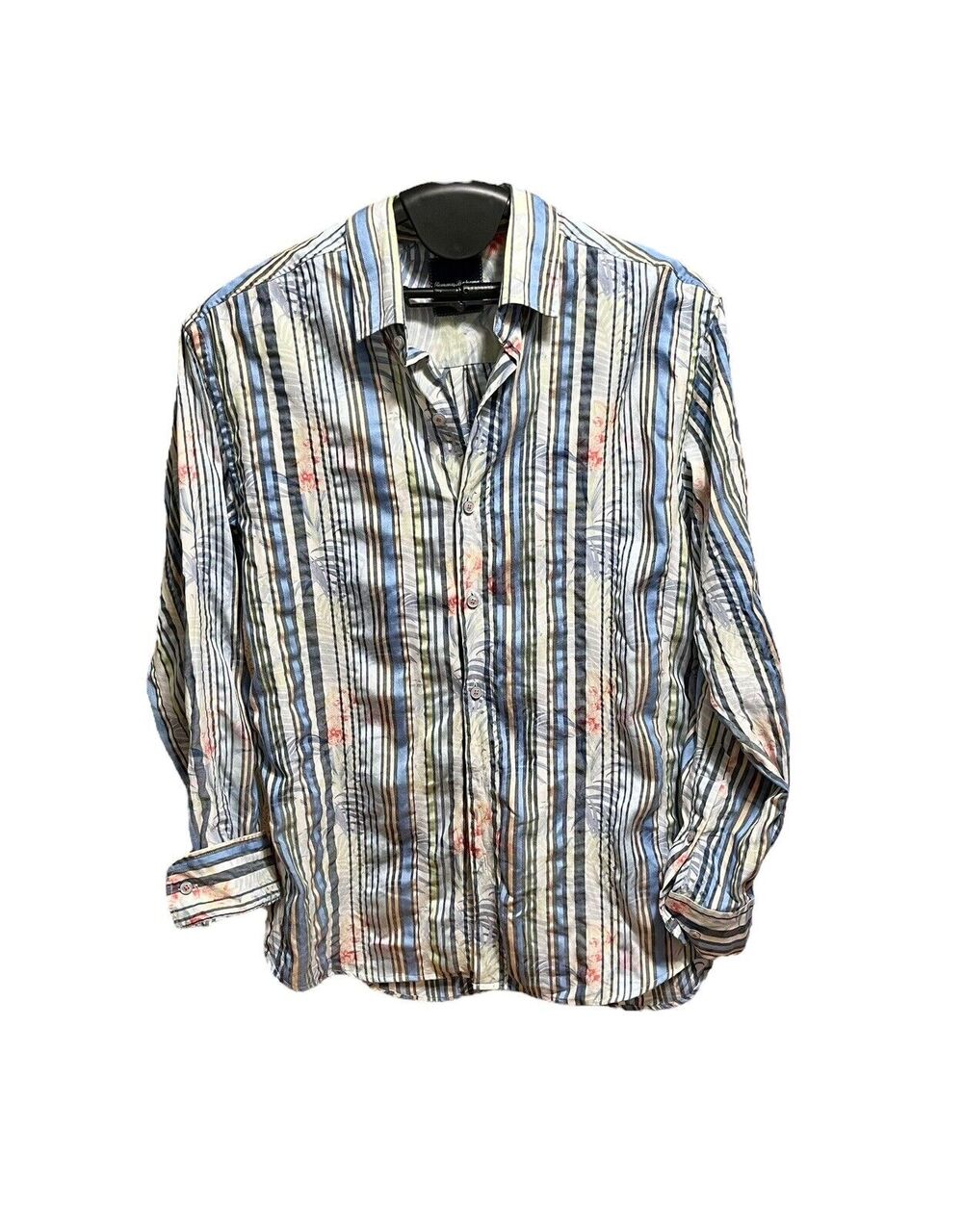 Tommy Bahama Alongshore Floral Striped Shirt Size L Tropical Crinkle Button Up